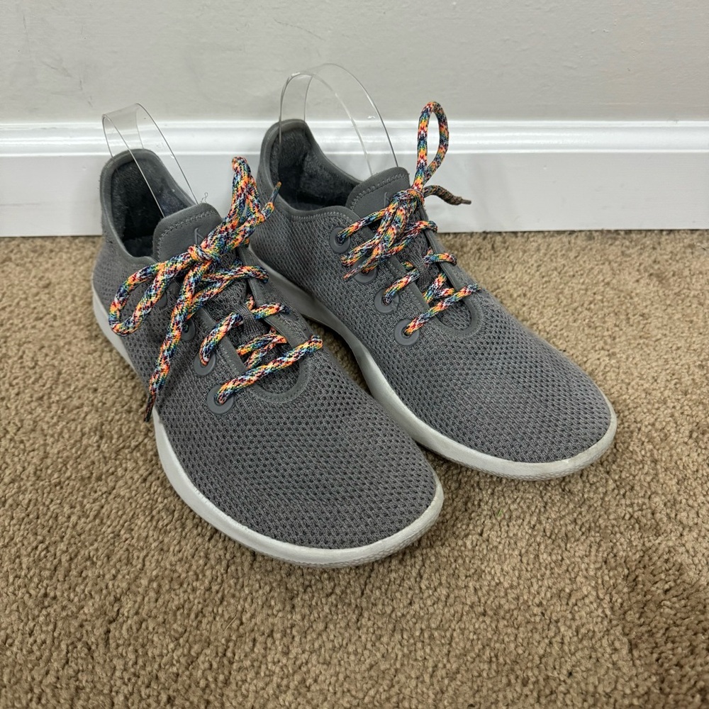 Allbird’s Tree Runner in Mist Gray and White with Rainbow Pride Laces size 10